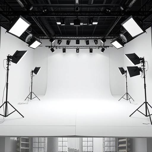 Studio B showing the expansive cyclorama wall, perfect for large commercial shoots. Professional lighting equipment is strategically placed for optimal illumination.