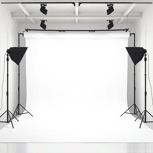 Studio B with a fully equipped lighting setup and cyclorama wall.